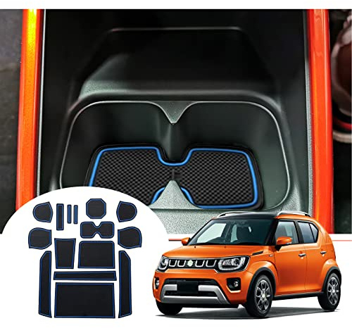 GAFAT Suzuki Ignis 2017-2024 2025 Tappetini Antiscivolo Console Centrale, Ignis 2025 Tappetino in Gomma, Portabicchiere, Contenitore Antiscivolo, Cuciture per Portiera, Suzuki Ignis Accessori (Blu)