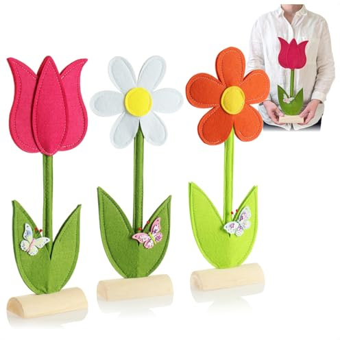 com-four® 3x Supporti decorativi per Pasqua e primavera - simpatici fiori in feltro - Decorazione pasquale da appoggiare (Fiore - 3 pezzi)