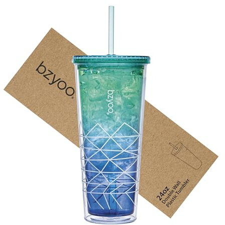 bzyoo SIP 24oz (710ml) Tumbler à double paroi avec couvercle et paille. Idéal pour boissons froides, bureau, extérieur, fêtes. Réutilisable, cadeau parfait pour lui & elle. Couleurs: Bleu & Vert