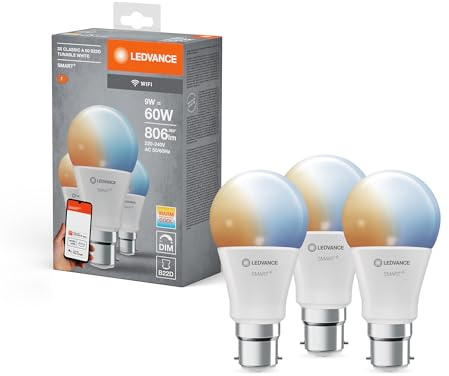 LEDVANCE Smart LED-lampa med WiFi teknik, B22d-bas, matt optik,Ljusfärgen kan ändras (2700K-6500K), 806 Lumen, ersätter 60W-belysningsmaterial smart dimbar, 3-Pack
