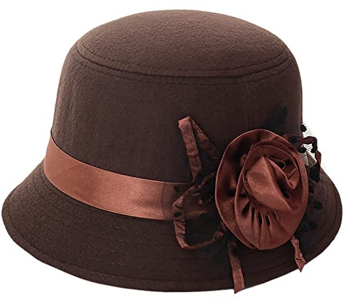 WULIQIUQIU Womens Vintage Felt Cloche Hat Winter Floral Fedora Bucket Hat Bowler Hats Coffee