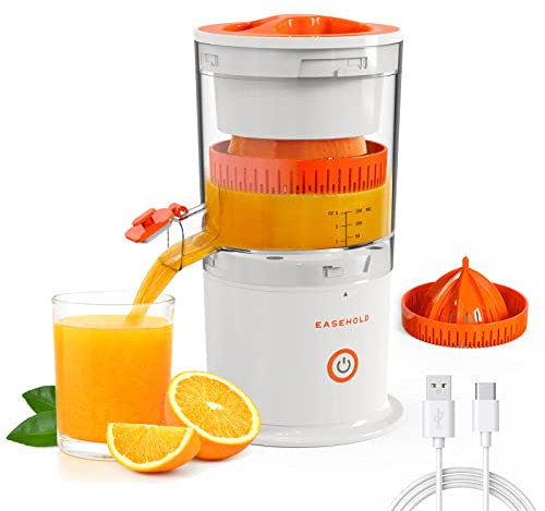 EASEHOLD Zitruspresse elektrisch, Wiederaufladbare Saftpresse, Elektrische Organgenpresse mit 2 Presskegeln, Tragbare Fruchtpresse für Zitronen, Orange, Limette, Grapefruit