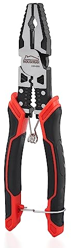 HOUSERAN Kombizange mit Abisolierzange, Seitenschneider und Crimpzange, 210mm, Federbelastet mit Sicherheitssperre, 5-in-1 Kombinationszange zum Schneiden, Crimpen, Abisolieren