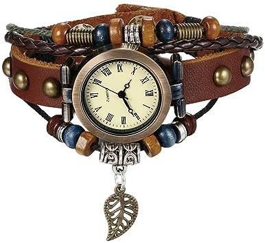 JewelryWe Uhren Damen Leder Blatt - Vintage Blatt Laub Analog Quarz Armbanduhr Frauen Retro Uhr mit mehrschichtig geflochten Leder Armband Wickelarmband und rundem Zifferblatt