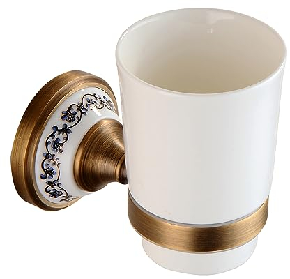 Porte-Brosse à Dents en Laiton Bronze Antique avec gobelet en céramique Blanche, Accessoires de quincaillerie de Salle de Bain, Design en Porcelaine