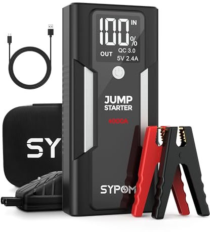 SYPOM Jump Starter, 4000A Peak Car Battery Jump Starter (for All Gas or Up to 10L Diesel), Portable Car Starter Battery Pack with Extended Smart Jumper Cables,12V Auto Jump Box with LED Light