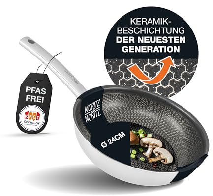Moritz & Moritz Stainless Steel Pan Honeycomb Structure 24cm with The Latest Generation Ceramica Coating - Suitable for All Hob Types - Non-Stick Pan with Round Rim for Cooking, Frying and Braising