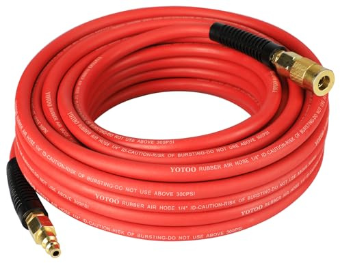 YOTOO Heavy Duty Rubber Air Hose 1/4-Inch by 50-Feet, 300 PSI Air Compressor Hose with 1/4 Industrial Quick Coupler, Plug and Bend Restrictors, Red