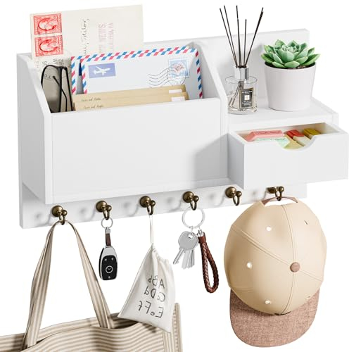 Key Rack, Wall Mount with 6 Hooks and Storage Drawer, Wooden Key Holder, Wall Key Hook, Wall Shelf for Key Fob Organiser, for Entrance, Living Room, Hallway, Office (White)