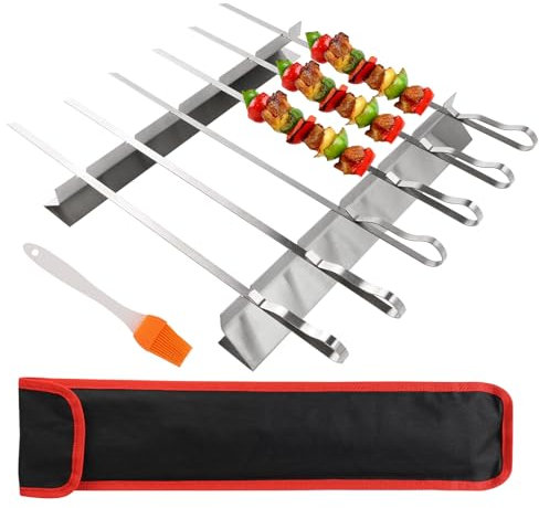 BBQ Skewers with Holder Stainless Steel Set, Metal Kebab Skewers 2 Frame Racks and 6 Kebab Skewers Durable and Reusable Barbecue Tool for Gas Grill, Charcoal Grill, Smoker, Outdoor BBQ