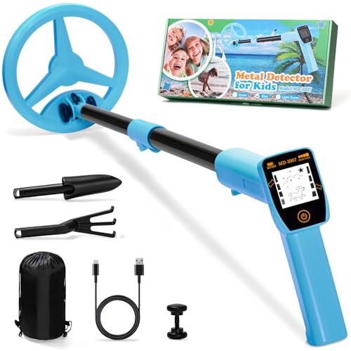Metal Detector Kids, Smofrees USB Rechargeable Small Kids Metal Detectors, Adjustable 24-34 Portable Childrens Gold Detector with Funny LCD Display for Outdoor Exploration, Blue
