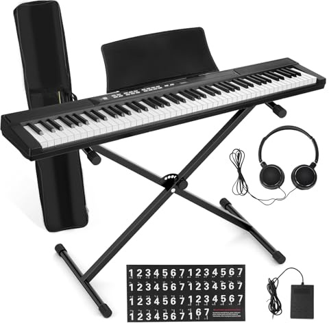 88 tangenter digitalt piano, halvviktat tangentbord i full storlek med stödpedal och strömförsörjning, bärbart elektriskt piano för professionella nybörjare, inkluderar stativ, bärväska, svart