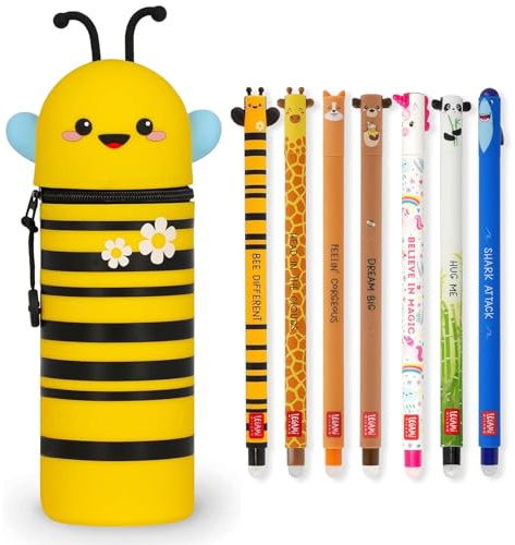 LEGAMI - Set of 7 Erasable Gel Pens + 2-in-1 Pencil Case Pen Pot - with Thermosensitive Erase Ink, Range of ink colours & barrel designs, 0.7mm Tip (Bee)