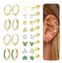 Cassieca Örhängen, set med 12 par guld- och silverfärgade örhängen av 316L kirurgiskt stål, för kvinnor och män, medicinska örhängen och kreoler för piercingar, 14K-förgyllda, helix tragus-piercing