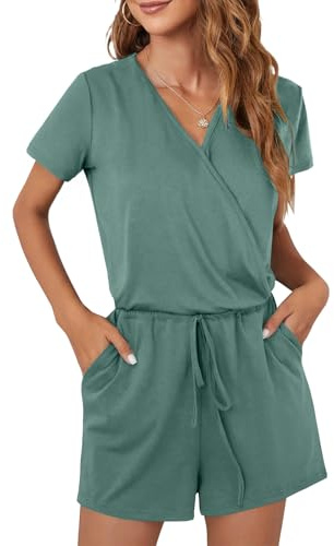 CLOUSPO Women Ladies Playsuit Jumpsuits Dungarees for Women Summer V Neck Casual Short Mini Rompers Playsuit with Pockets