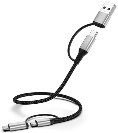 Cavo di ricarica 4 in 1, 60 cm, Multi USB 3 A, cavo di ricarica rapida da USB C/USB A a USB C, 2.4 A, tipo C/USB A a Lightning, con trasferimento dati per iPad iPhone Pro Max Samsung, Huawei Xiaomi
