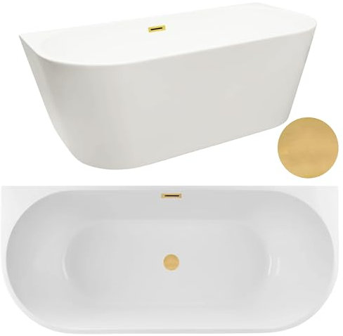 Aquauno - Baignoire autoportante en acrylique sanitaire de qualité supérieure - 150 x 75 cm - Avec bonde clic-clac, trop-plein, couvercle, bonde en or - Baignoire design