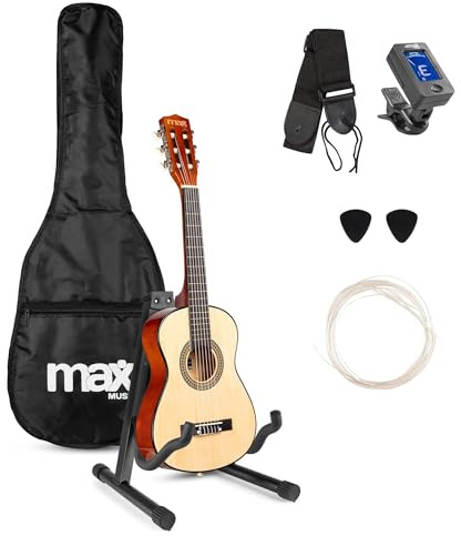 MAX SoloArt Junior 1/4 Guitarra Clásica para Niños de 3 a 6 Años - Set Completo con Funda Mochila, Soporte MAX GP20, Afinador Clip, Púas y Cuerdas Nailon - Ideal para Principiantes Infantiles