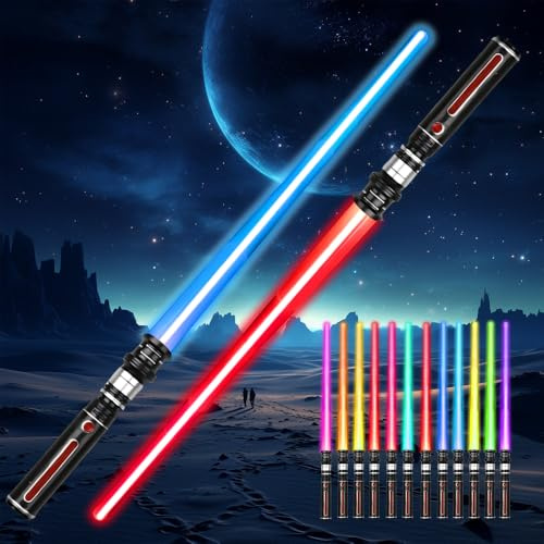 Rakuker Spada Laser, 2 Pezzi Spade Laser, 2 in 1 Telescopiche Lightsaber con Luci e Suoni, 12 Colori Spada Laser Giocattolo per Adolescenti e Adulti,Light up Sword per Halloween Natale Regalo