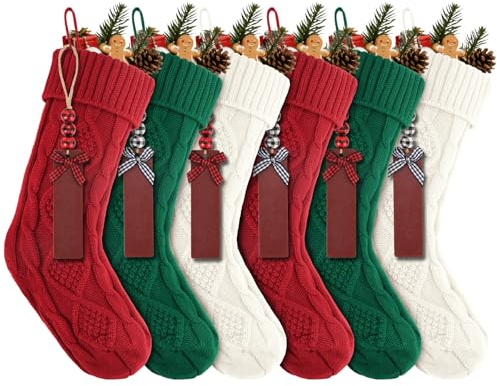 Suranew Christmas Stockings, Personalized Christmas Stockings 18 Inches Large Size Cable Knitted Stocking Gifts in Red, White, Green