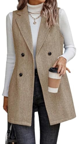 IDEALSANXUN Long Vest for Women Sleeveless Tweed Blazer Fall Jackets Cardigan Outerwear