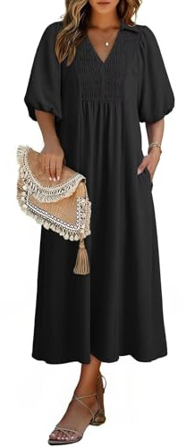 Dokotoo Black Dresses for Women Summer Dresses for Women 2026 V Neck Puff Sleeve Empire Waist Casual A Line Swing Maxi Dress Medium