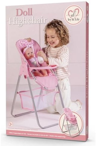Doll High Chair, Foldable Metal Frame with Storage Basket, Pink: 40x33x67cm, Age 3+