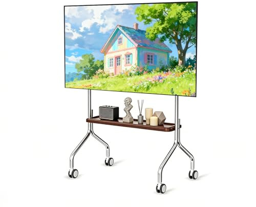 TV-stativ, rullbart, höjdjusterbart TV-stativ med hjul och trähylla, universellt TV-stativ max.VESA 700 x 600 mm, för 32–75 tums TV-apparater upp till 50 kg (enkel surfplatta, standardversion)
