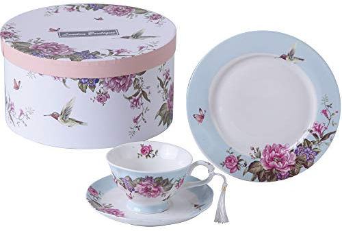 Coffee Tea Cup and Saucer 7.5 Dessert Plate Set 3 Shabby Chic Vintage Porcelain Bird Butterfly Floral Gift Box (Blue)