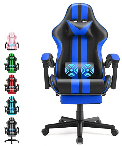 Racing Style PC Computer Chair,Computer Gaming Chair, E-Sports Chair,Ergonomic Office Chair with Height Adjustment,Retractable Footrest,Headrest and Massage Lumbar Support(Navy Blue)