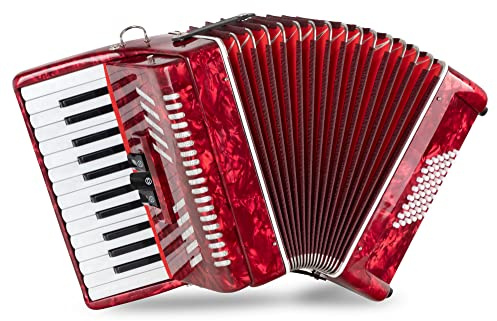 Acordeón Classic Cantabile 48 Bajos Secondo V - Acordeón de teclas - 2 voces - 26 teclas de agudos - con correas y funda mochila - Rojo