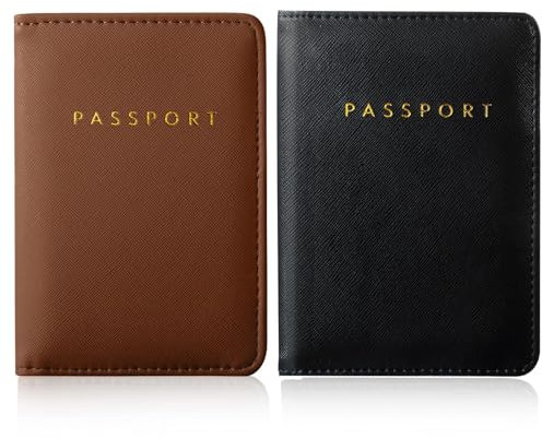 Frienda 2 Pcs Passport Holder Covers Waterproof Leather, Brown and Black