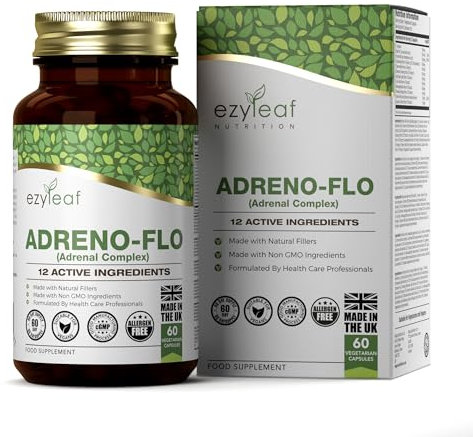 Ezyleaf Adreno-Flo | Ashwagandha Rhodiola Rosea Vitamin C | L-Tyrosin Gotu Kola Süßholzwurzel Pantothensäure Ginseng Schisandra | 60 Vegane Kapseln | Allergenfrei ISO Zertifiziert | Hergestellt in GB