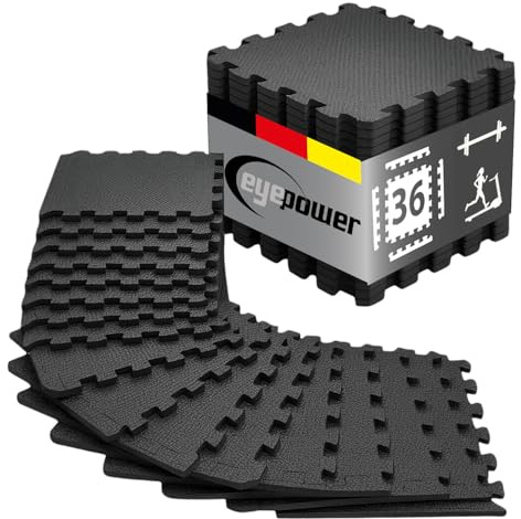 eyepower Bodenschutzmatte Fitness - 36 Puzzlematten mit Rand 30x30 cm Schwarz 3,5qm - Homegym Fitnessmatte - Bodenmatten Fitnessraum Fitnessgerät Dämmmatte für Laufband Fahrrad Crosstrainer Sportmatte