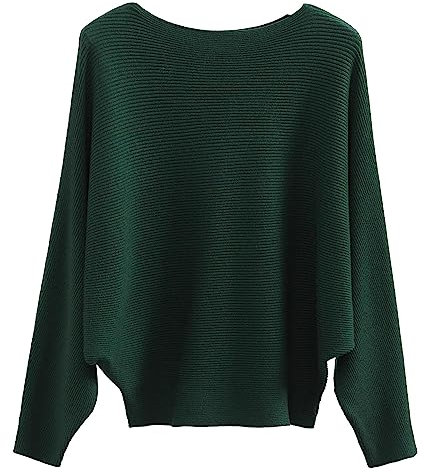 FULIER Boot-Ausschnitt Batwing Ärmel Dolman Lose gestrickte Pullover und Pullis Pullover Tops für Frauen (Dark Green)