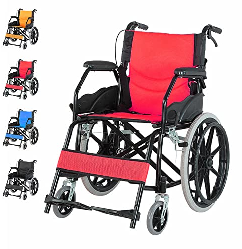 Bueuwe Leicht Faltbar Rollstuhl mit Trommelbremse, Reiserollstuhl für Behinderte, Leichtgewicht Schmal Rollstühle mit Selbstantrieb, Belastbarkeit 150 kg, Sitzbreite 44.5 cm,Rot