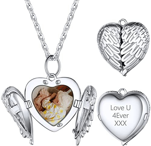 Supcare Cuore Collana con Foto Personalizzata, Ali Collana Argento 925 Donna, Locket Medaglione Ciondolo Portafoto, Argento Collana Personalizzata con Foto, Idee Regalo per Mamma Donne