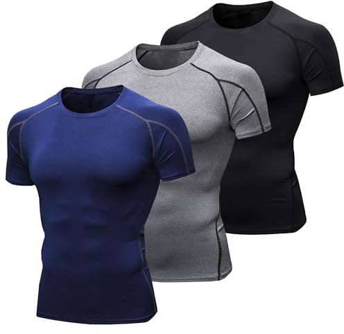 YUSHOW 3-pack kompressionströja herr kortärmad sport T-shirt, Svart + grå + marinblå, M