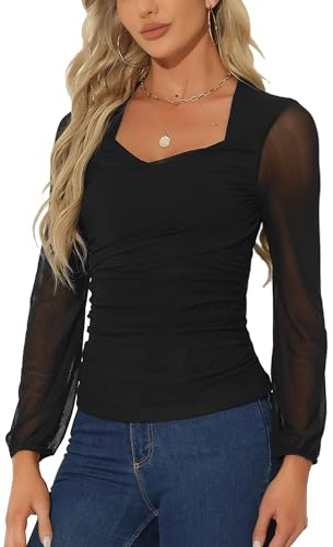 Allegra K Donna Camicetta in Rete con Volant per Top Avvolgenti Casual Eleganti E Slim Fit con Scollo A V E Maniche Lunghe Nero XS