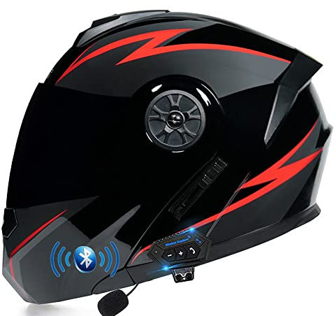 ACLFFSHOP Bluetooth Modular Motorbike Helmet, Full Face Flip Up Motorcycle Helmet, DOT/ECE Approved, with Double Visor Built-in Speaker Headset Microphone, for Automatic Answering 55-62CM