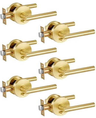 Lethato 6 Packs Gold Interior Door Handle, Brushed Gold Door Handles Interior, Heavy Duty Interior Bedroom Lever Door Handle for Bathroom