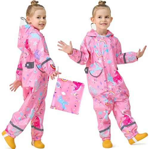 Baogaier Fille Imperméable à Capuche Combinaison, Manteau de Pluie Dessin Animé Mignon Cape Pluie Enfant Léger Bande Réfléchissante Rain Poncho, Imprimé Licorne Rose Pour 3-5 Ans