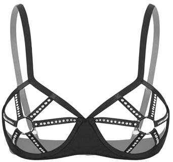 Fldy Womens Caged Cups Open Nipples Push Up Bra Underwired Hollow Out Bustier Balconette Lingerie Black L