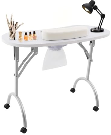 MINRS Table de manucure pliable avec ventouse - Table de manucure portable avec 3 sacs d'aspirateur - Coussinet de poignet et sac de transport étanche - Capacité de charge : 30 kg - Blanc