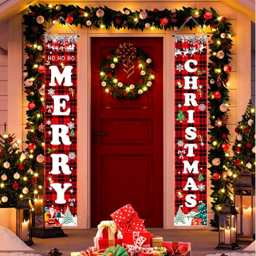 TELAIN Christmas Decorations Red Black Buffalo Plaid Door Banner Set Outdoor Indoor Christmas decoration for home, wall, front door, garden and garage