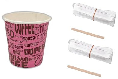 Kit complet 100 verres à café en papier 75 ml – 100 palettes à café jetables – Eco – À emporter – Biodégradables – Jetables petits – Résistants à haute température – tasses à café – Couleur rose
