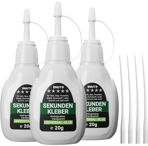 3x 20g Sekundenkleber universell, flüssig, extra stark & schnell, wasserfest, hitzebeständig, mit Dosierspitzen & Kappe gegen Austrocknung