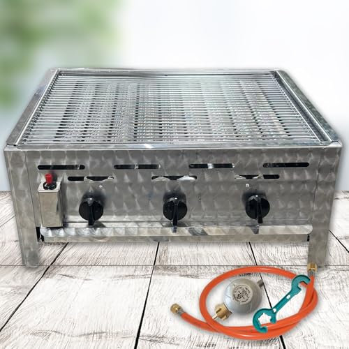 Edelstahl Gastrobräter 3-flammig mit Rost-Set Profi Gasgrill - Made in Germany | mit Gasschlauch und Druckminderer | Gastrogrill Gas | Tischgasgrill