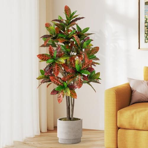 TANGZON 100CM/150CM Artificial Croton Tree, Tall Fake Croton Palm Tree with Real Wood Trunks, Colorful Variegated Leaves & Nursery Pot, Potted Faux Plant for Home Office Decoration (1, 150CM)