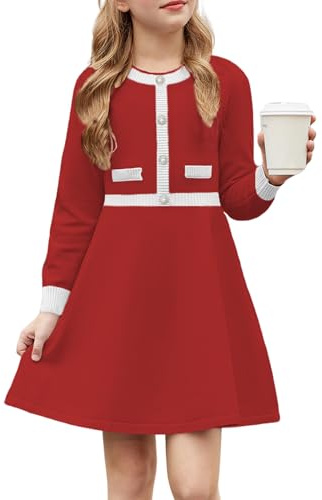 Arshiner Robe Fille Hiver Enfants Soirée en Tricot Chaud Fête Élégante à Manches Longues Robes pour Filles 13-14 Ans Rouge